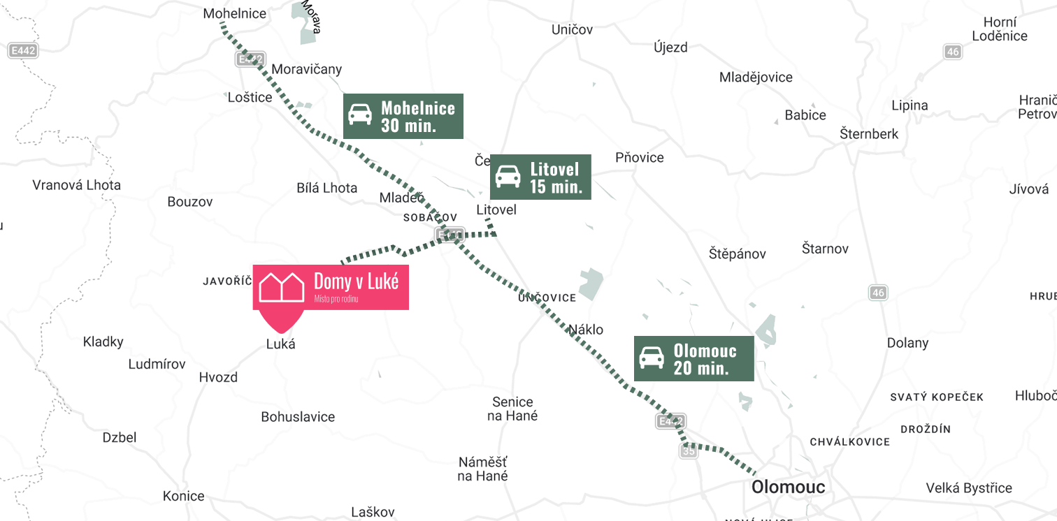 Mapa lokality Luká s vyznačenými vzdálenostmi do Olomouce, Mohelnice a Litovle